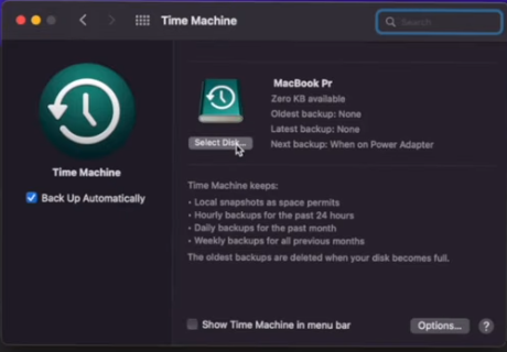 Time Machine Option- Select Disk